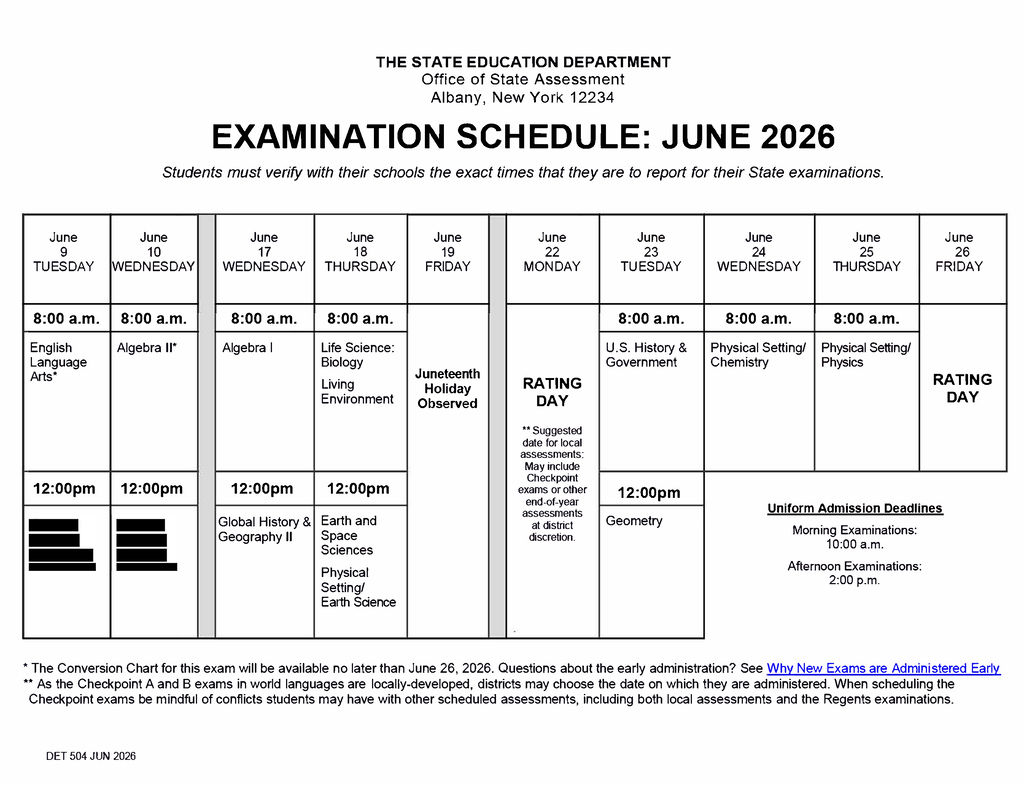 2026 June Exam Schedule