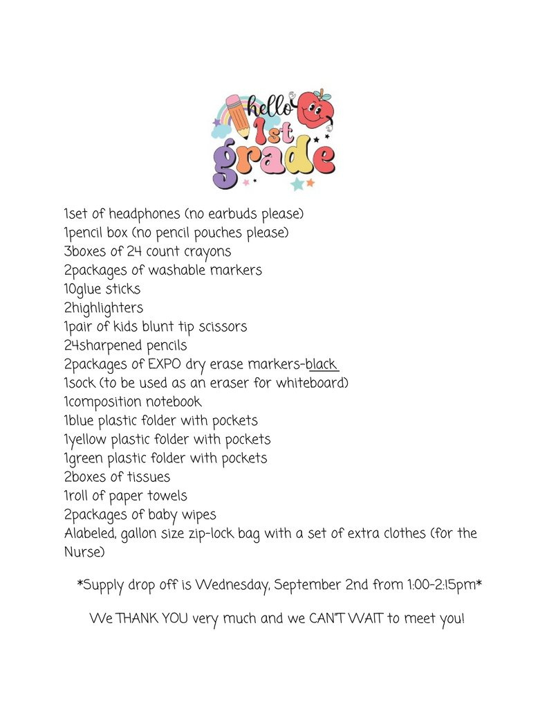 1st Grade Supply List
