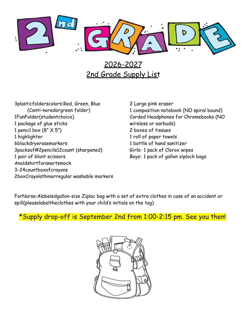 2nd Grade Supply List