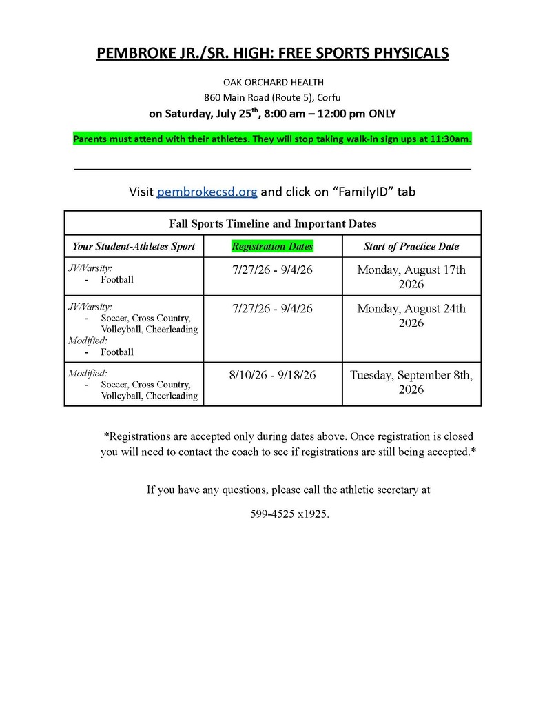 Free Sport Physical Information and Season Start Dates