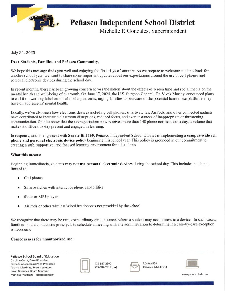 Letter to parents re: new cell phone policy