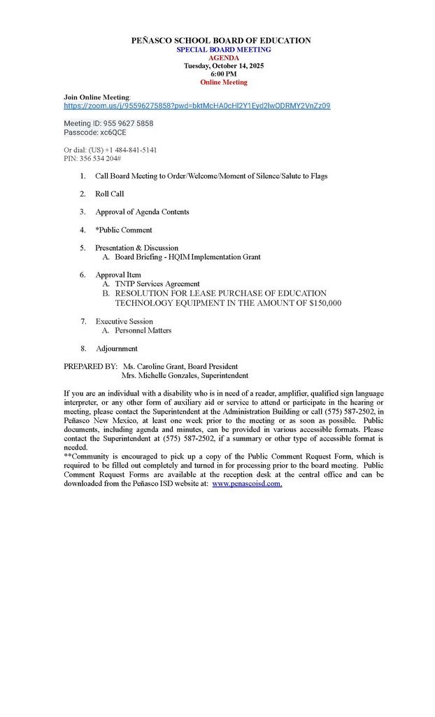Special Board Mtg Oct 14, 2025