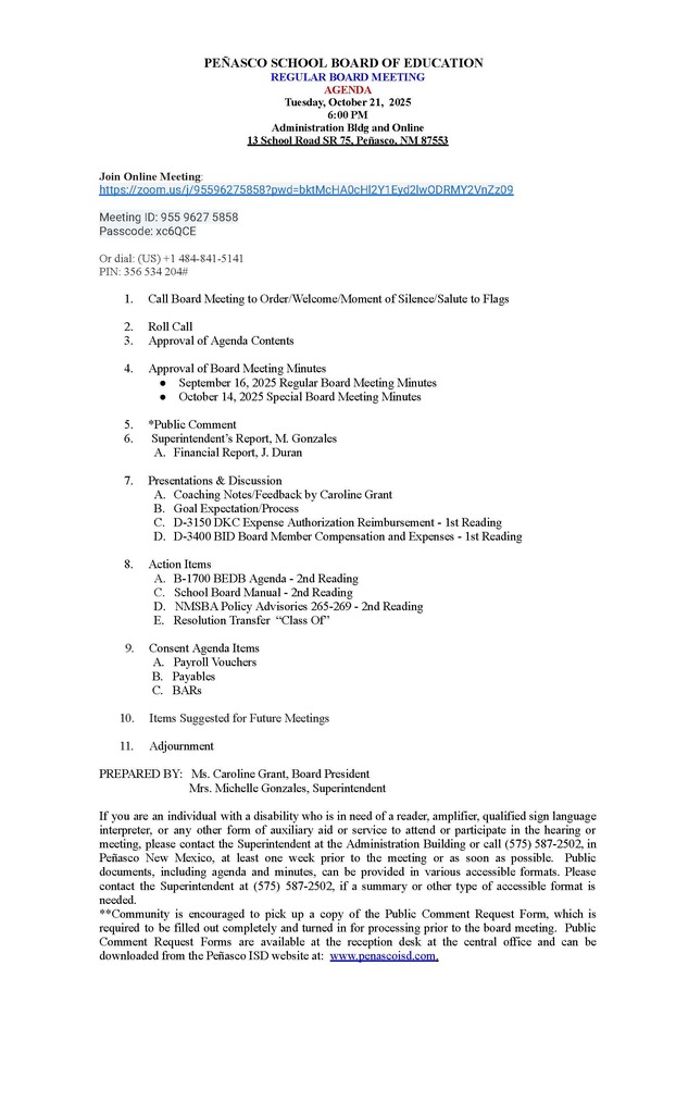AGENDA October 21, 2025- Regular Board Meeting