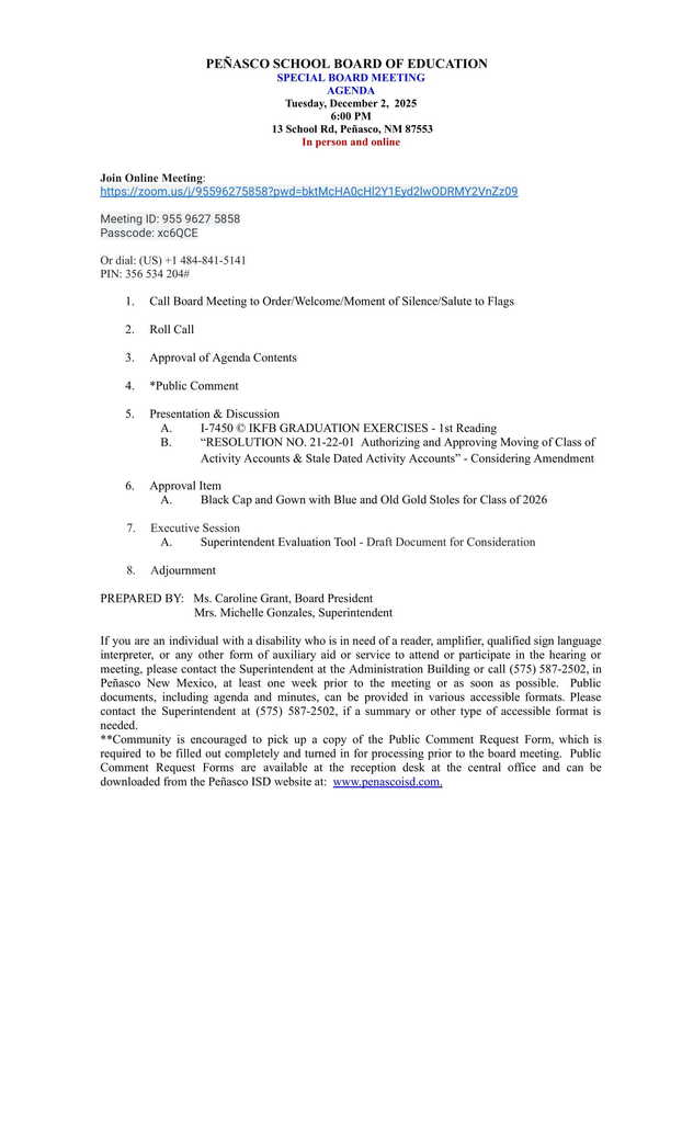 December 2nd Special Board Meeting