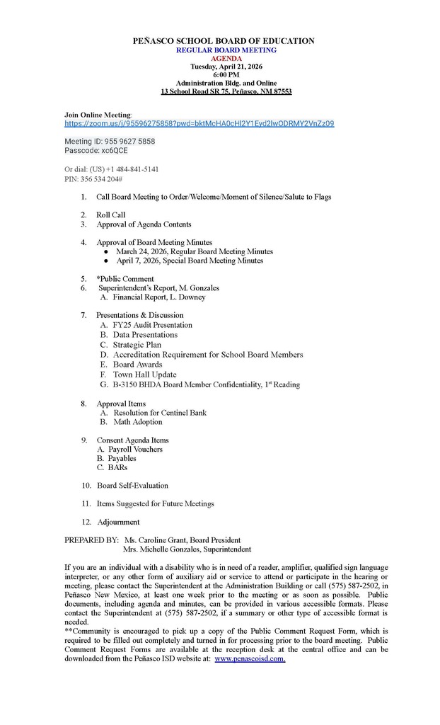 April 21, 2026 Regular Board Meeting