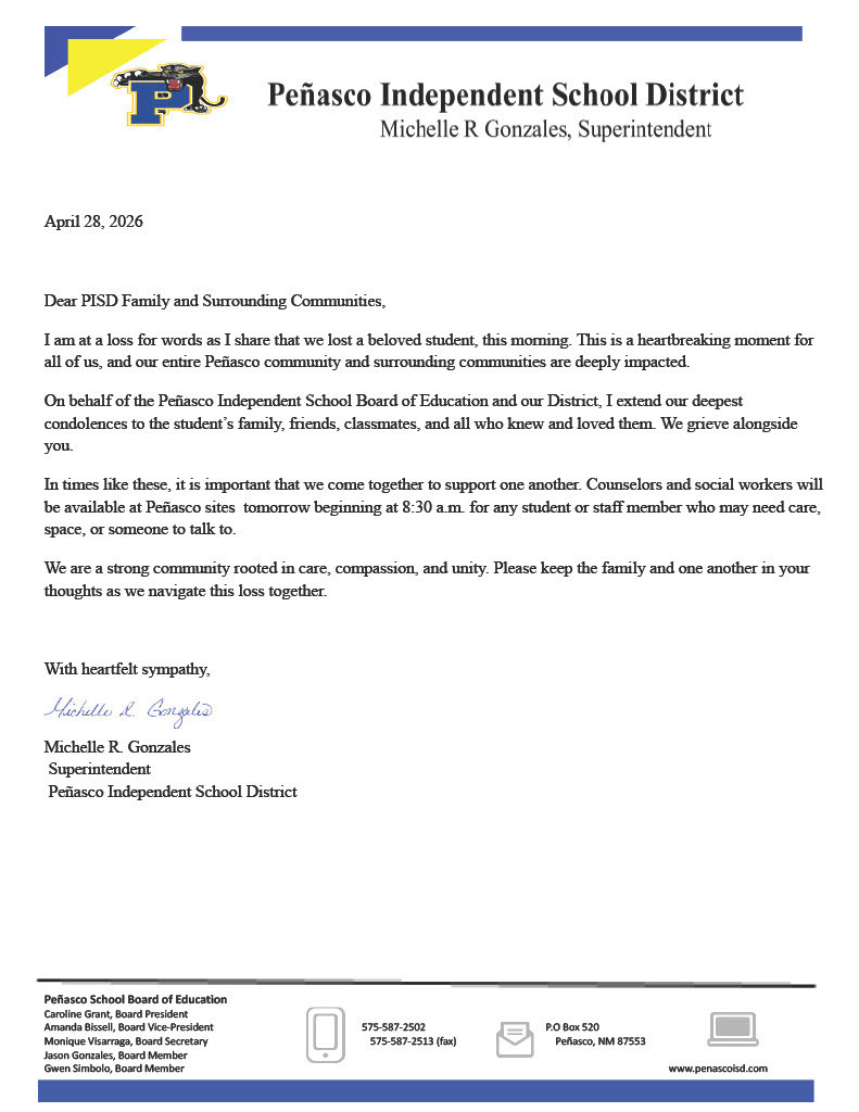 Letter from Superintendent