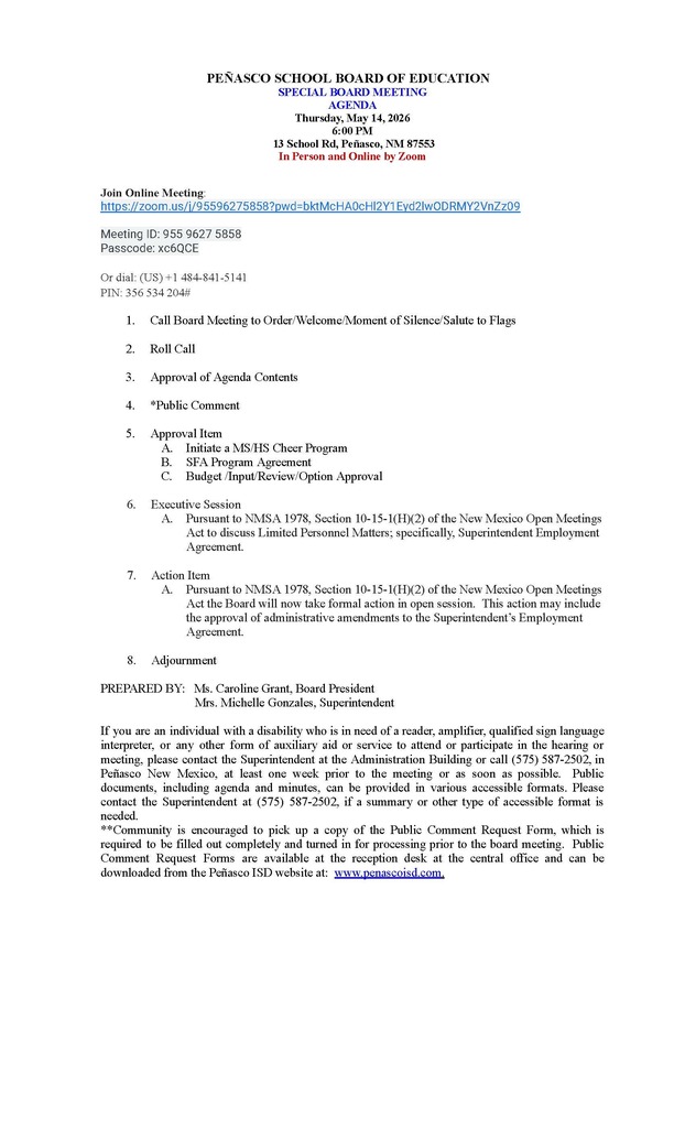 May 14, 2026 Special Board Meeting