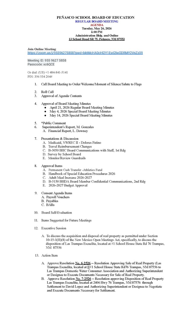 May 26, 2026 Regular Board Meeting