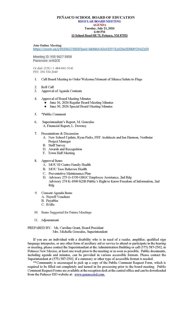July 21, 2026 Regular Board Meeting