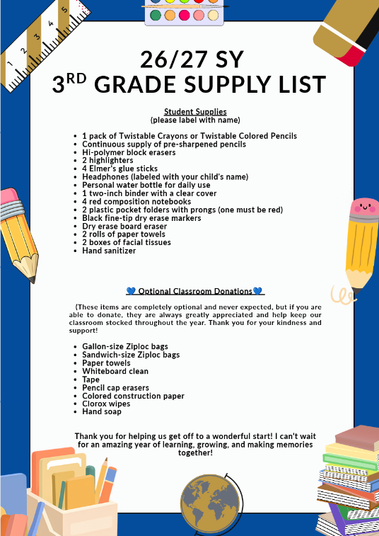 3rd grade supply list