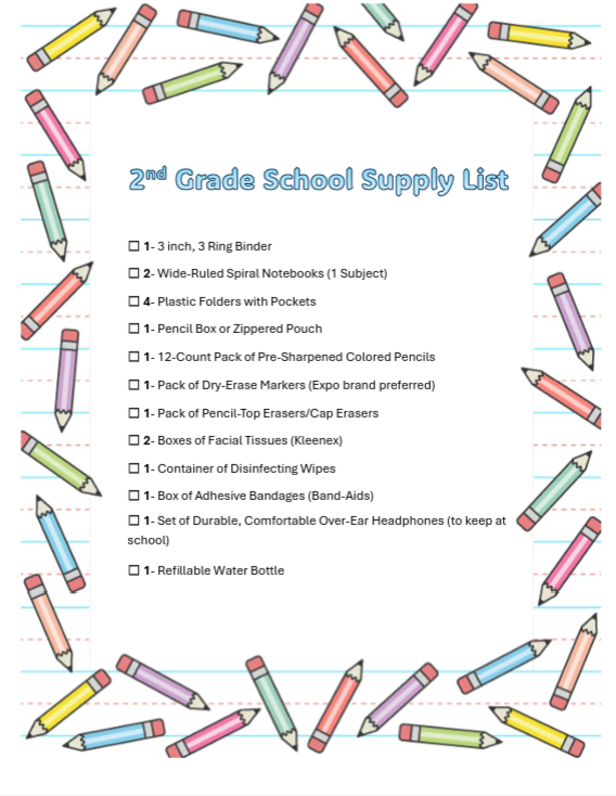 2nd grade supply list