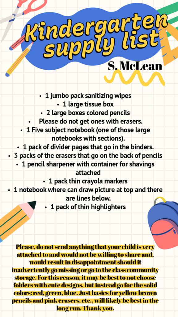 Kindergarten supply list