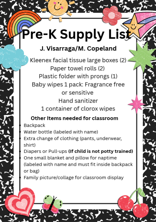 Pre-K supply list