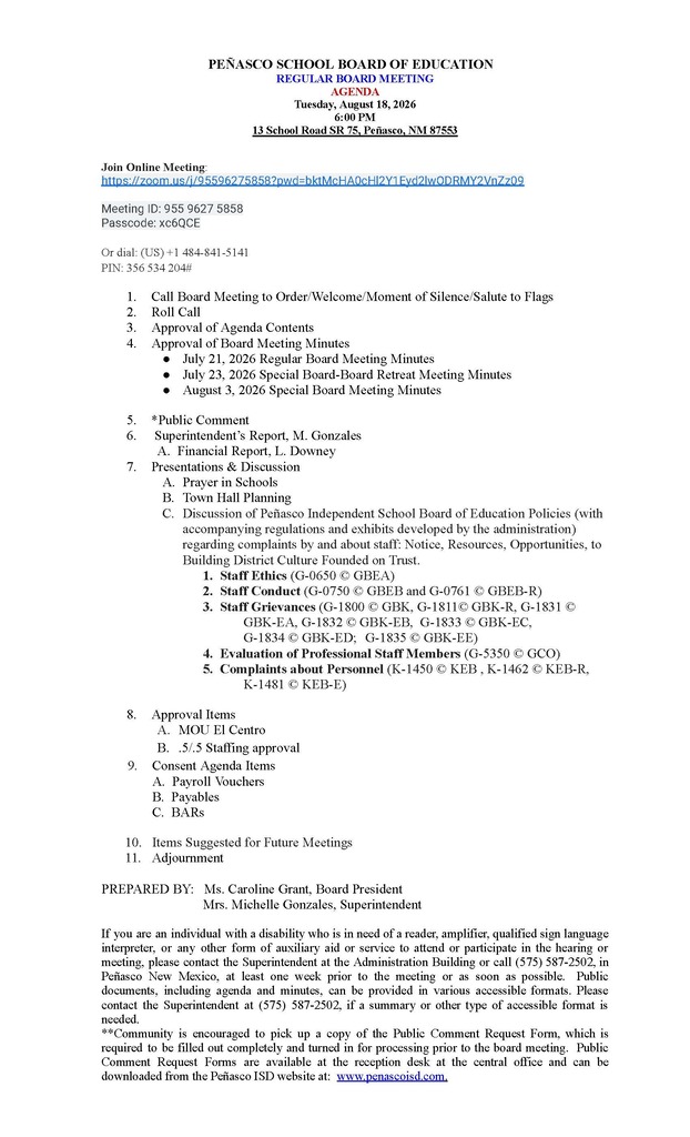August 18 Regular Board Meeting