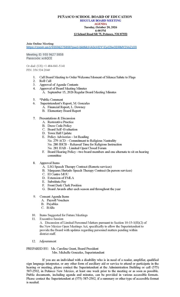 October 20, 2026 Regular Board Meeting