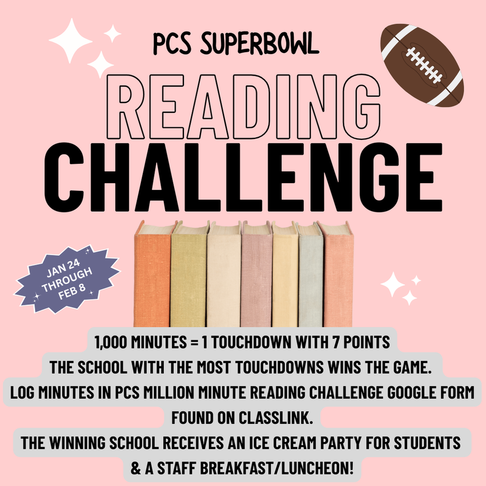pink background with books and info about reading bowl challenge and a football image
