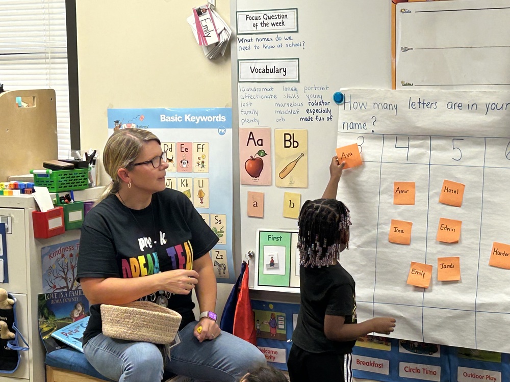 Ms Davis with child doing a chart