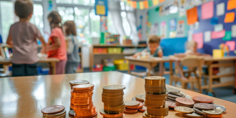 classroom with children blurred in the background. there are coins in the foreground as the story is about school budget