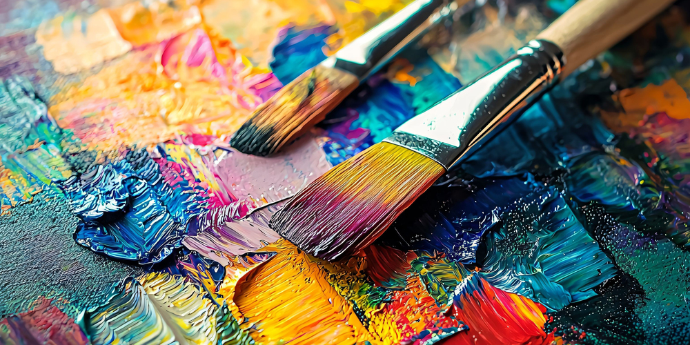 two paint brushes laying on canvas that has multiple colors of paint