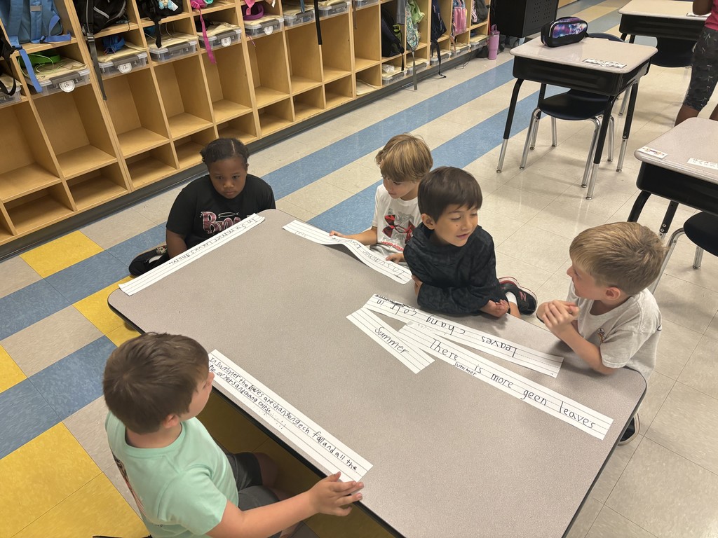 2nd graders working in small groups on a reading activity