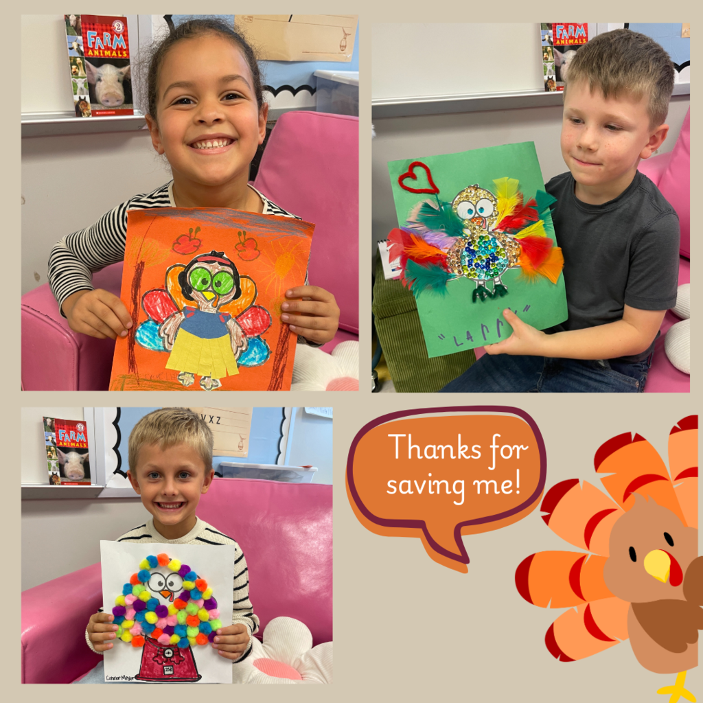 kindergarten kids holding up disguised turkey photos