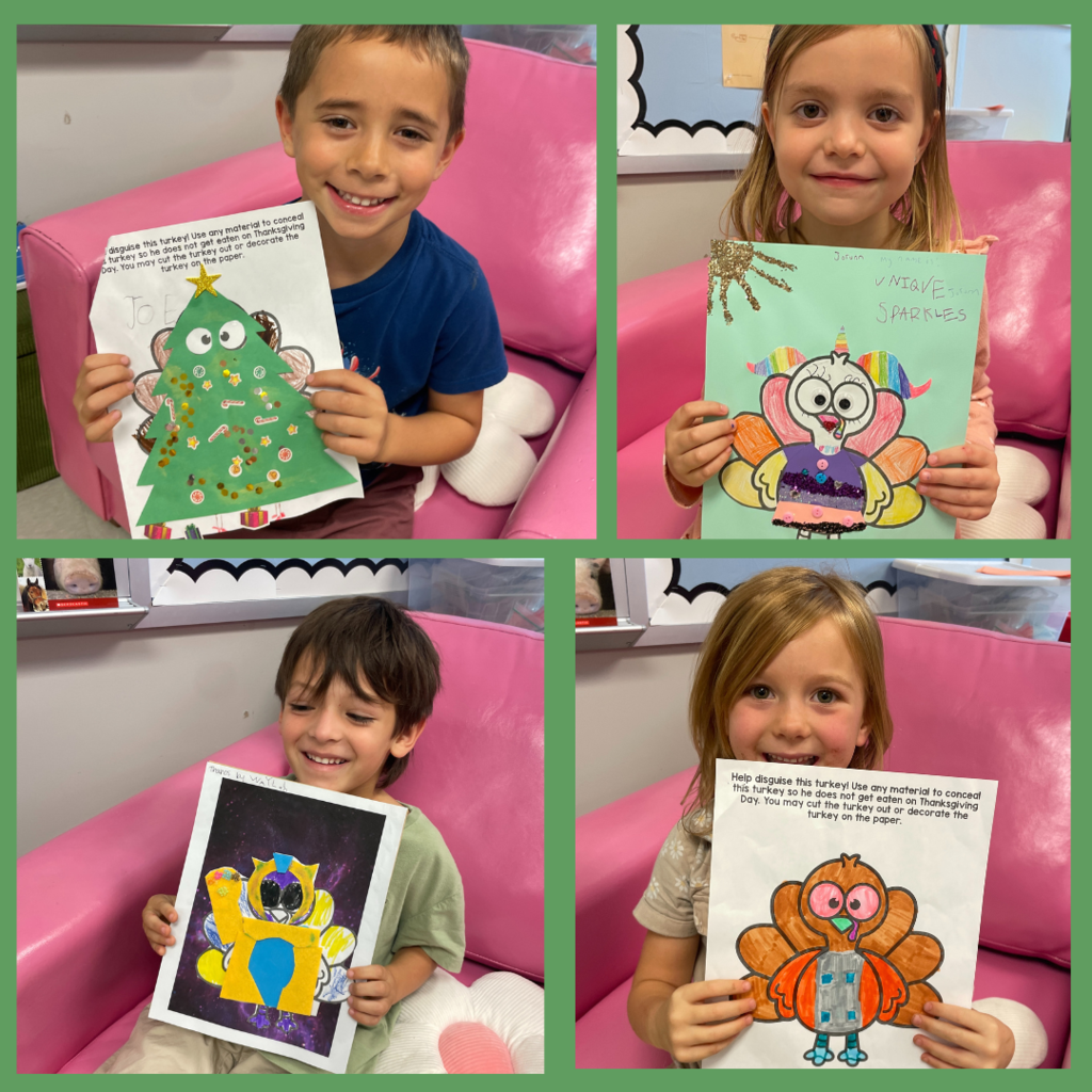 kindergarten kids holding up disguised turkey photos