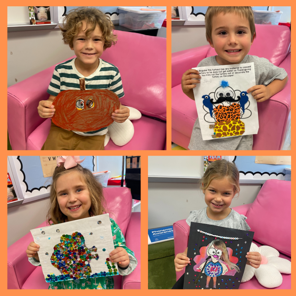 kindergarten kids holding up disguised turkey photos