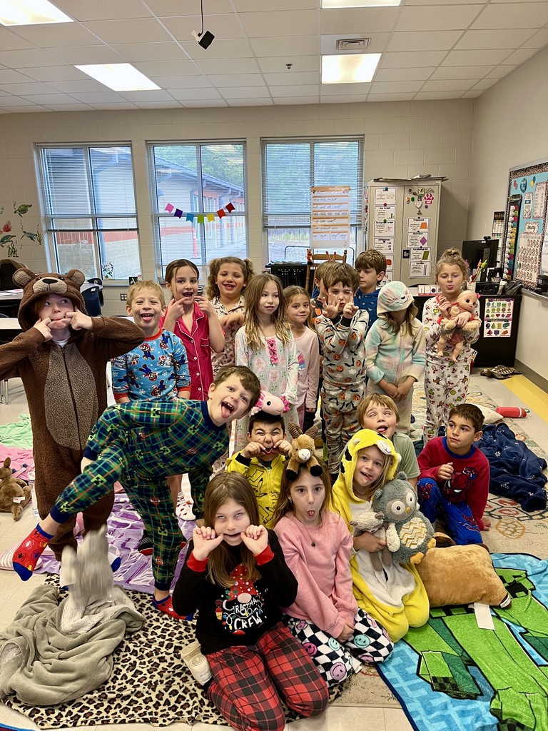 2nd grade class in their pajamas posing for a picture