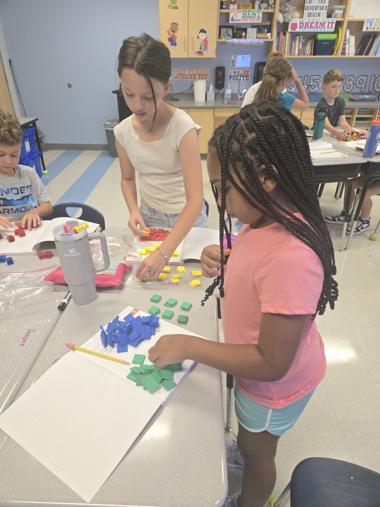 3rd graders working in partners with math manipulatives 