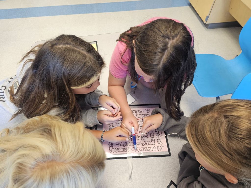 4th and 5th Grade are working on TEAMWORK as they try to help the elephants get to the fruit on a maze. This activity is based on the book That Fruit is Mine and students had to use communication and collaboration to navigate the pens by string on the maze.