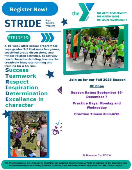 flyer with kids running and info about stride