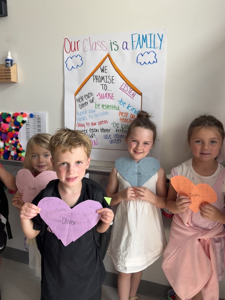 Kindergarten students holding up their project