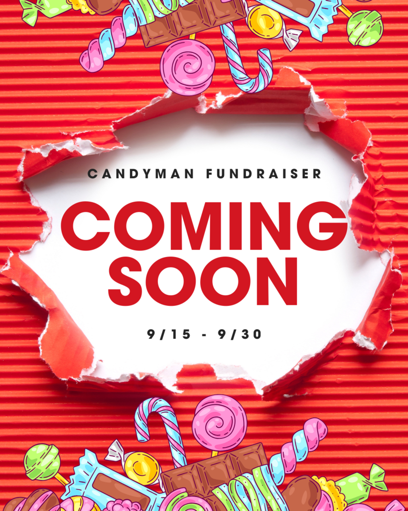 red background with candy around the edges and info about candy man fundraiser starting soon