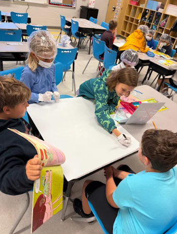 4th grade students working in groups on a circulatory story