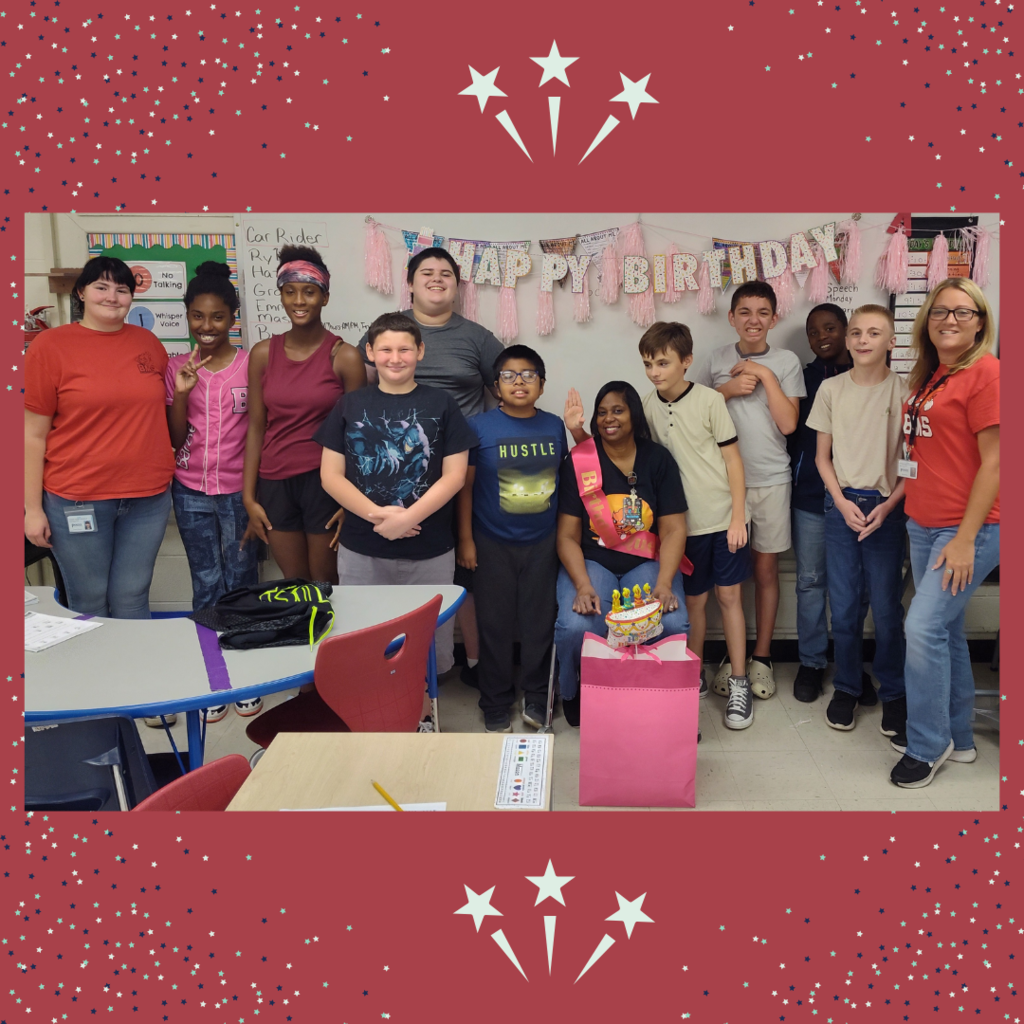 students and teacher taking class photo for teacher birthday with graphics