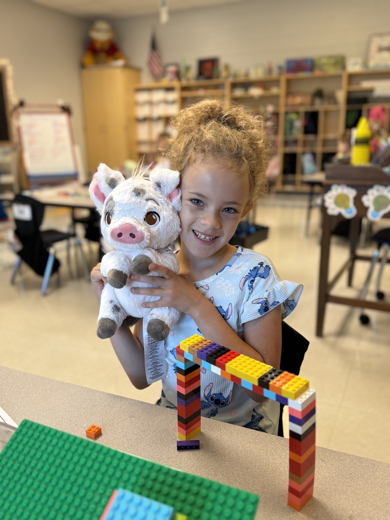 first grader working at their desk and holding a stuffed animal