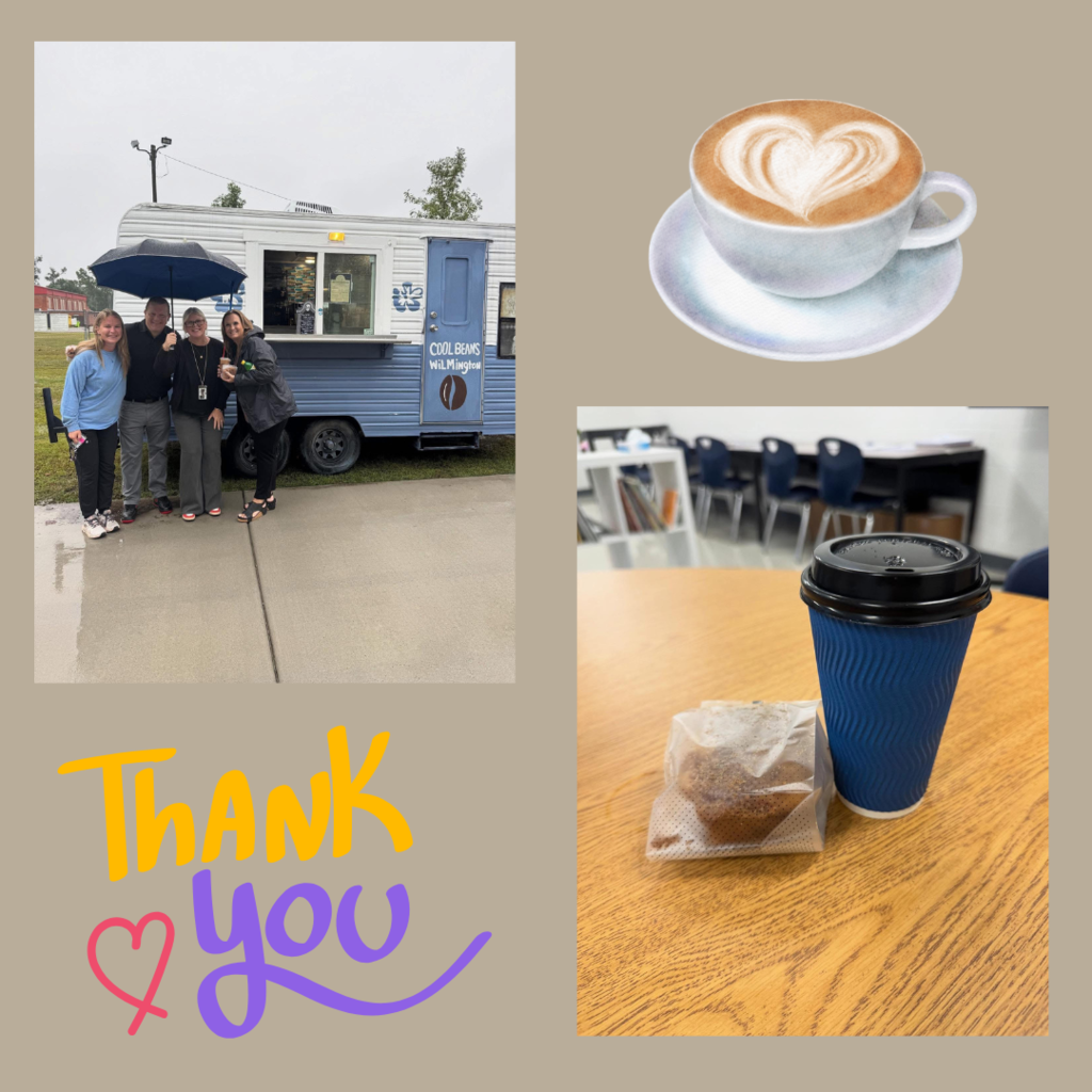 pictures of coffee and staff purchasing coffee with graphics