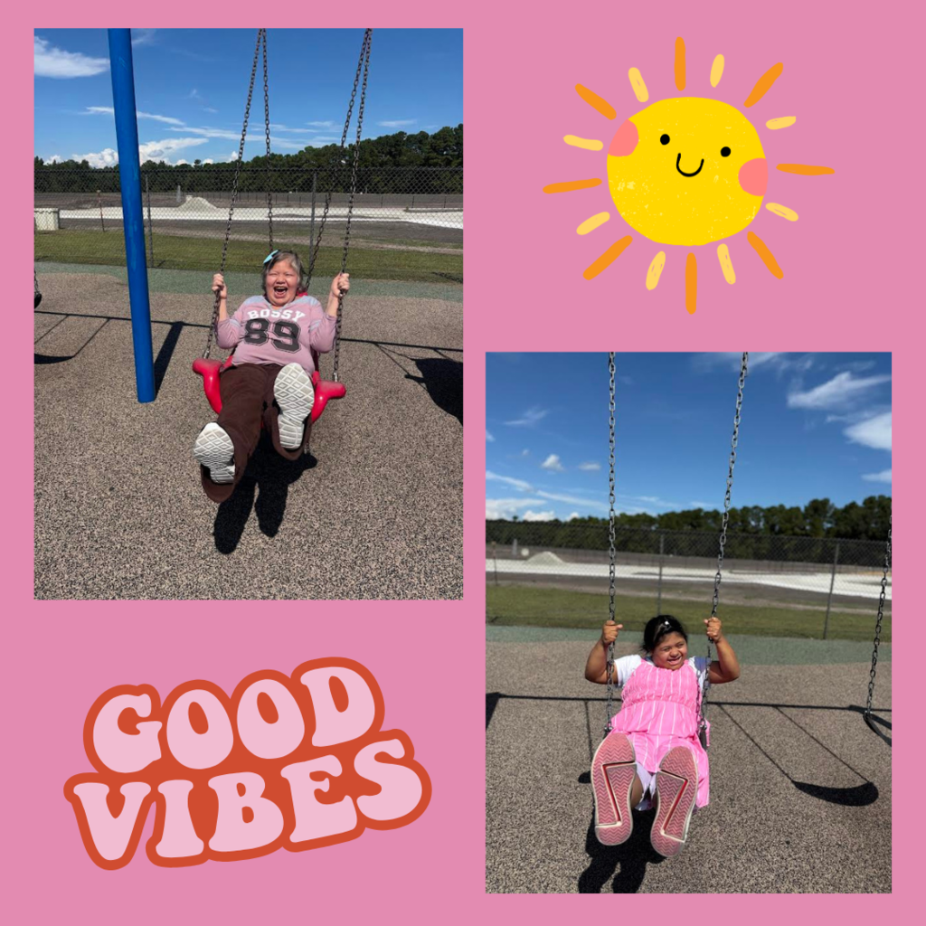 students on swings with graphics