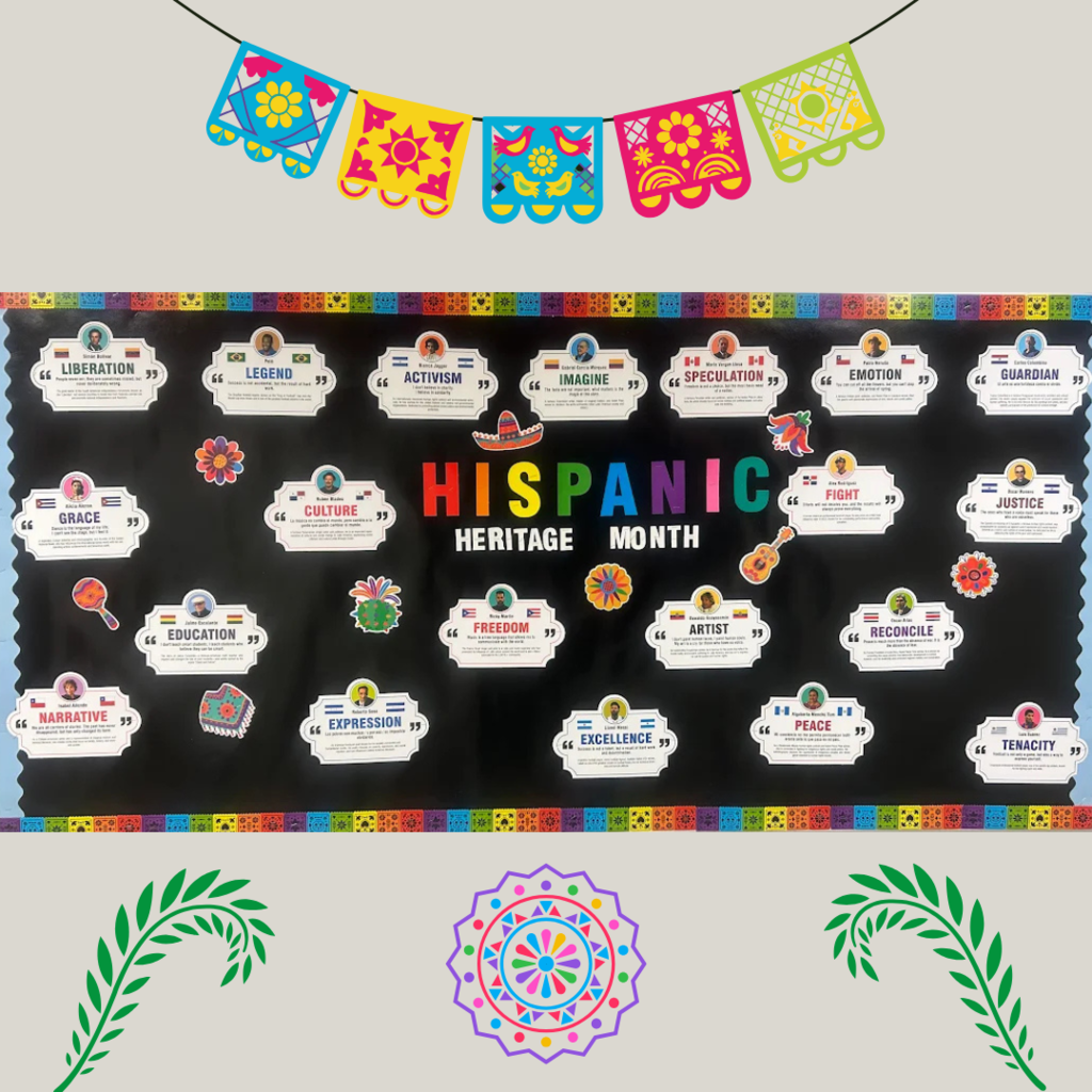 Hispanic Heritage Month bulletin board with graphics
