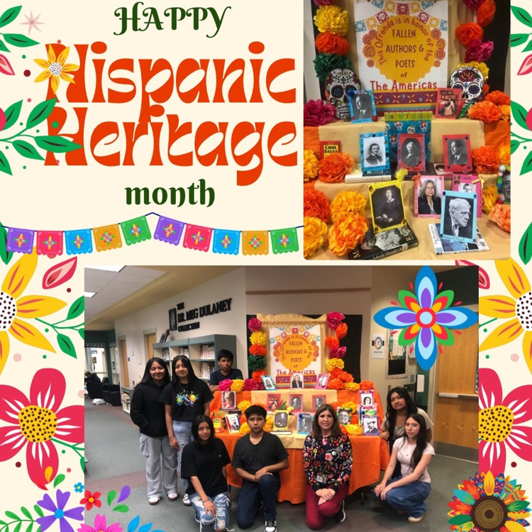 Ms.Seri and students sit in front of the Ofrenda display they created in honor of Hispanic Heritage Month