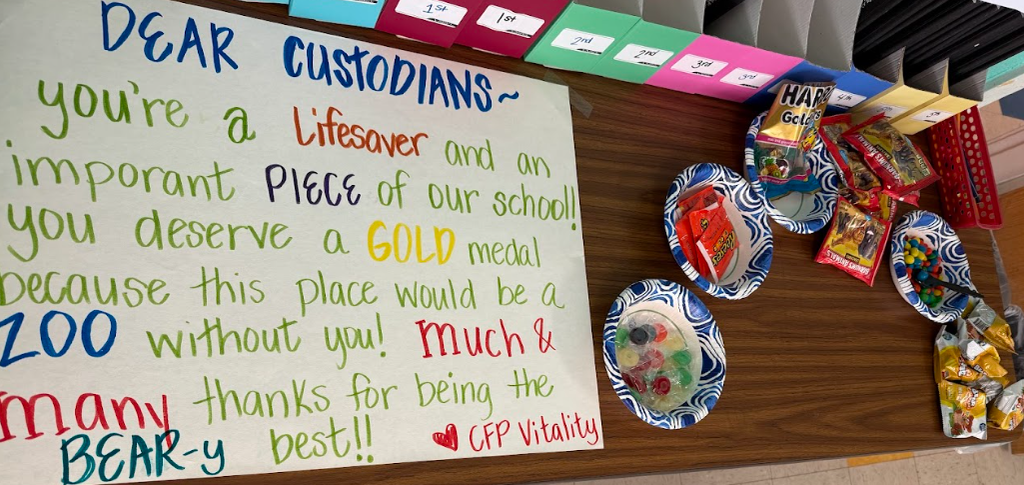 poster made for custodians with different bowls of candy and treats