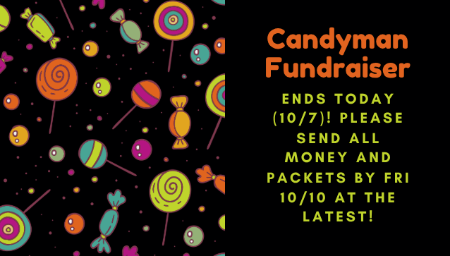 black background with candy and fundraiser info