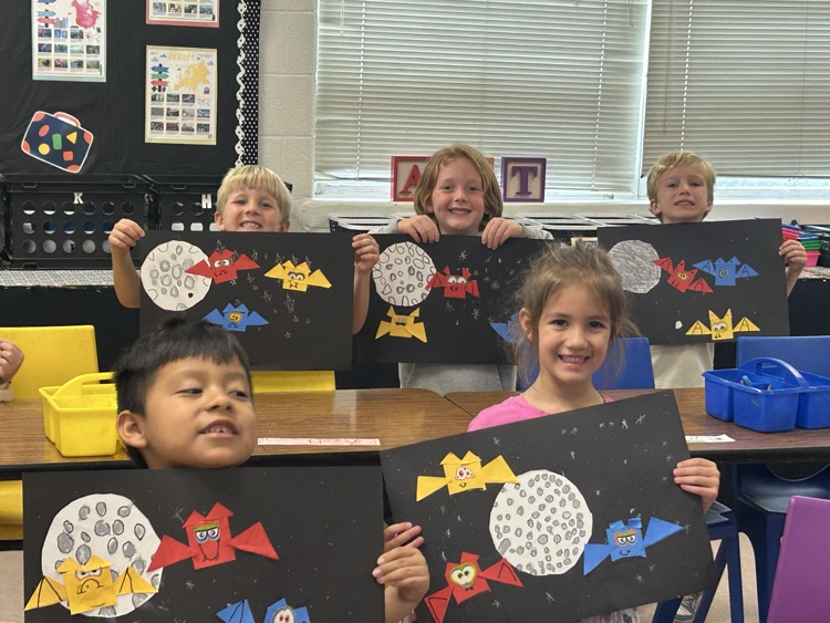 Bats at Night! Kindergarten is learning about geometric shapes and primary colors in Art this week.