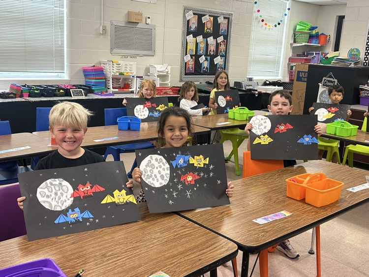 Bats at Night! Kindergarten is learning about geometric shapes and primary colors in Art this week.
