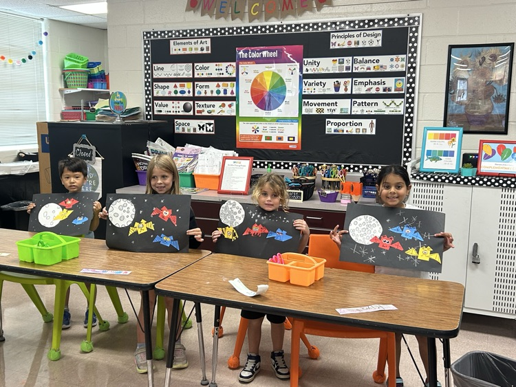 Bats at Night! Kindergarten is learning about geometric shapes and primary colors in Art this week.