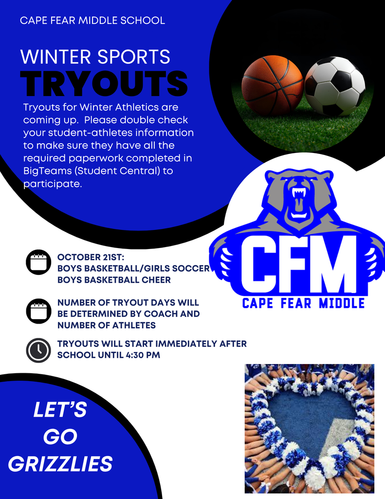 Winter Sports tryouts are happening immediately after school until 4:30 pm on  Tuesday, October 21st.