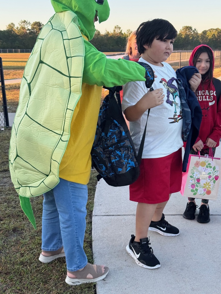 staff member dressed up as a sea turtle welcoming student at the morning car line