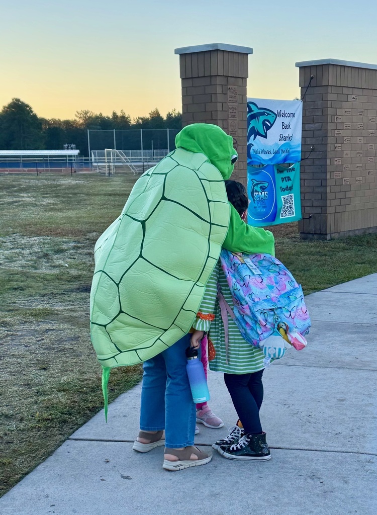 staff member dressed up as a sea turtle welcoming student at the morning car line
