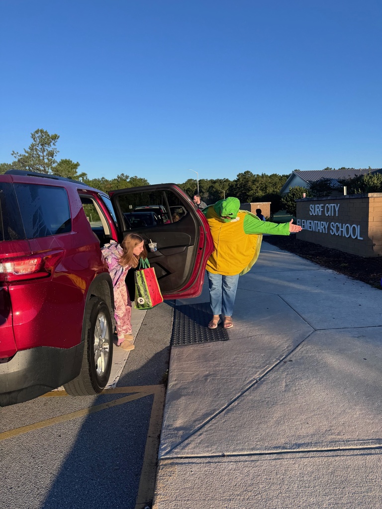 staff member dressed up as a sea turtle welcoming student at the morning car line