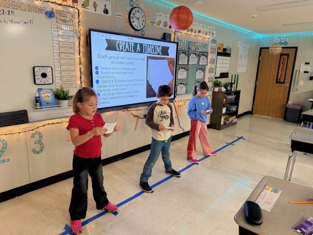 third graders acting out a human timeline of events